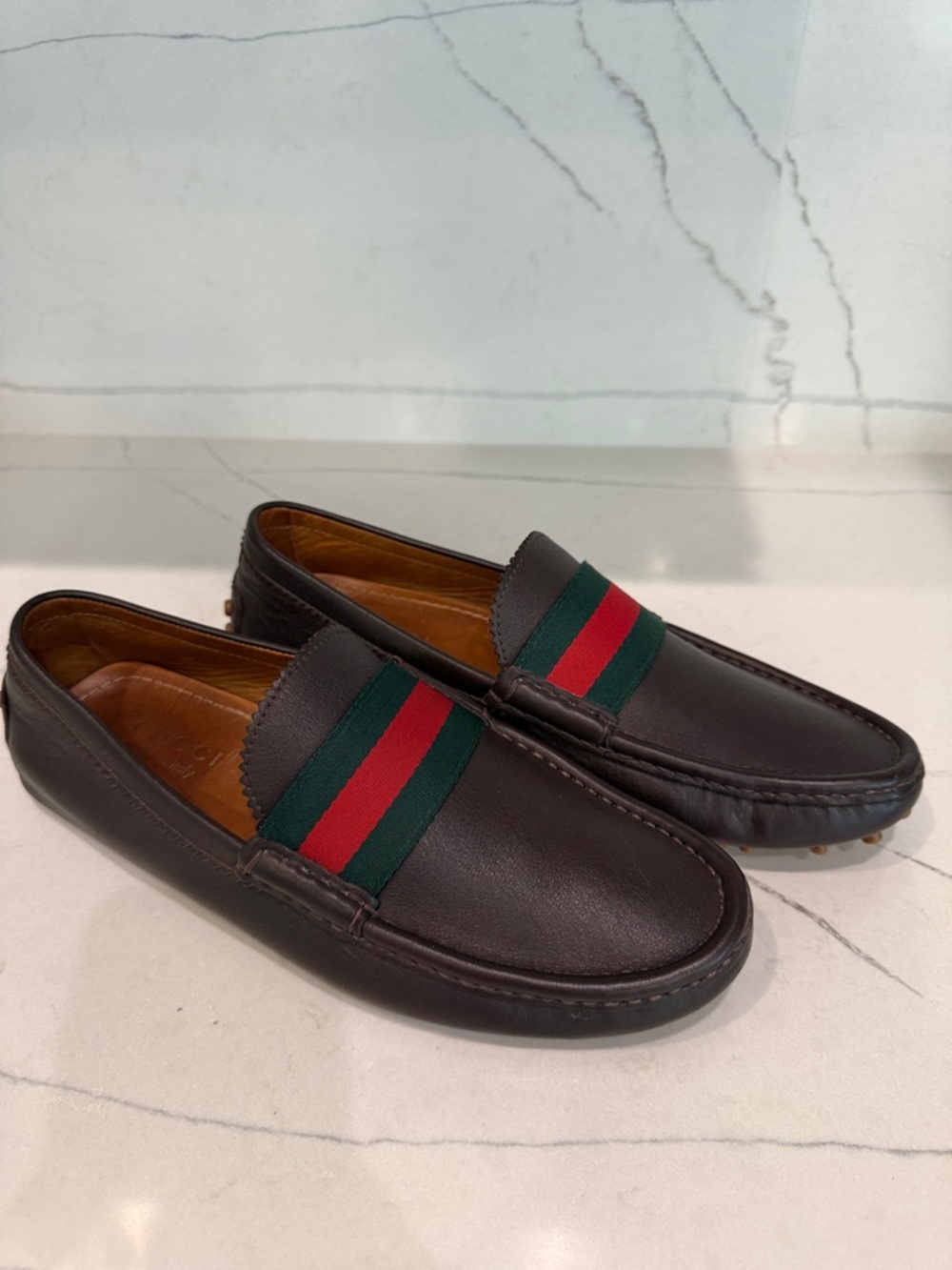 Gucci Brown Leather Slip-On Loafers with Green & Red Web Stripe